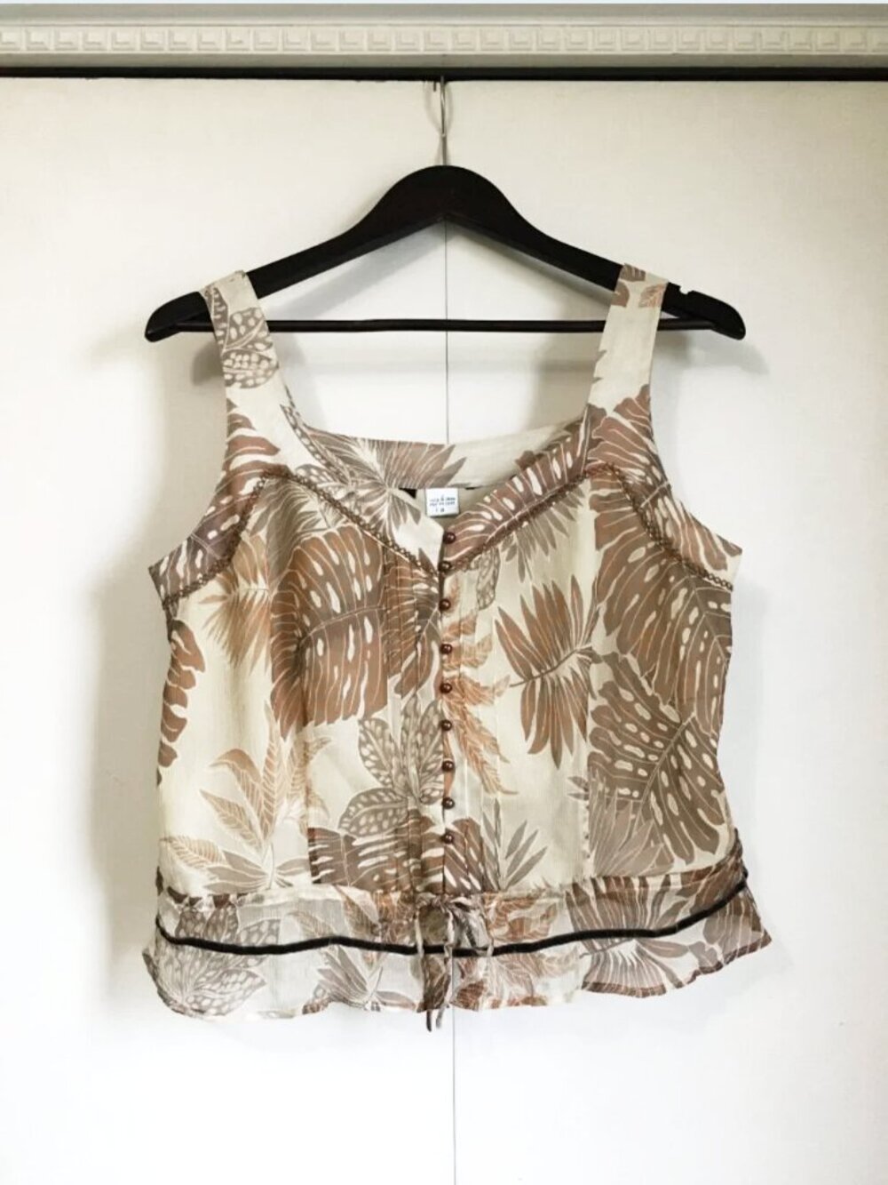 NORDSTROM 100% Silk Coquette Frilly Velvet Trim Tie Waist Brass Button Tank